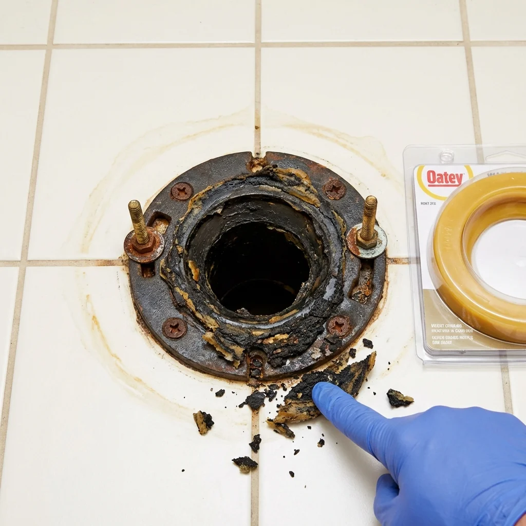 Failed wax ring showing water seepage at the base of a toilet in a Holland, TX home