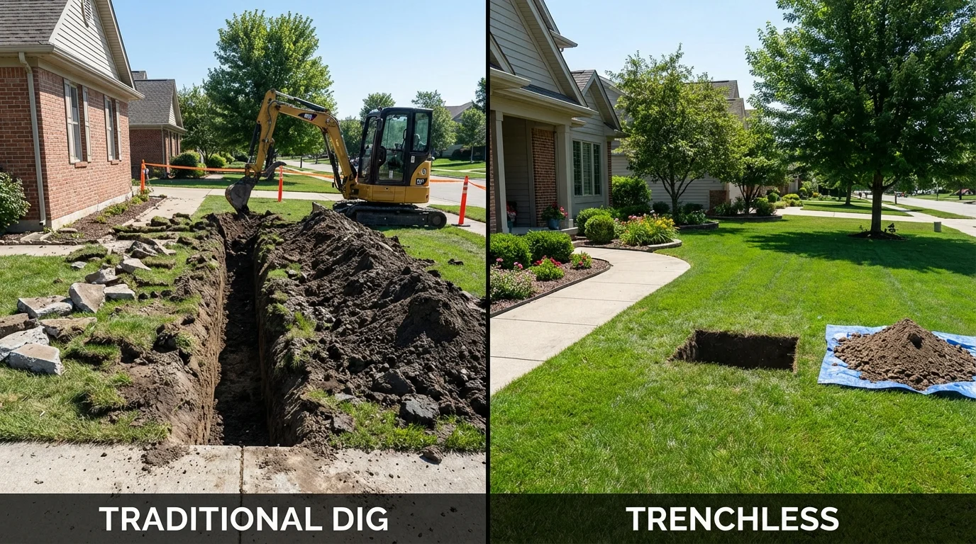 Trenchless sewer repair with minimal yard damage versus traditional excavation in Holland, TX