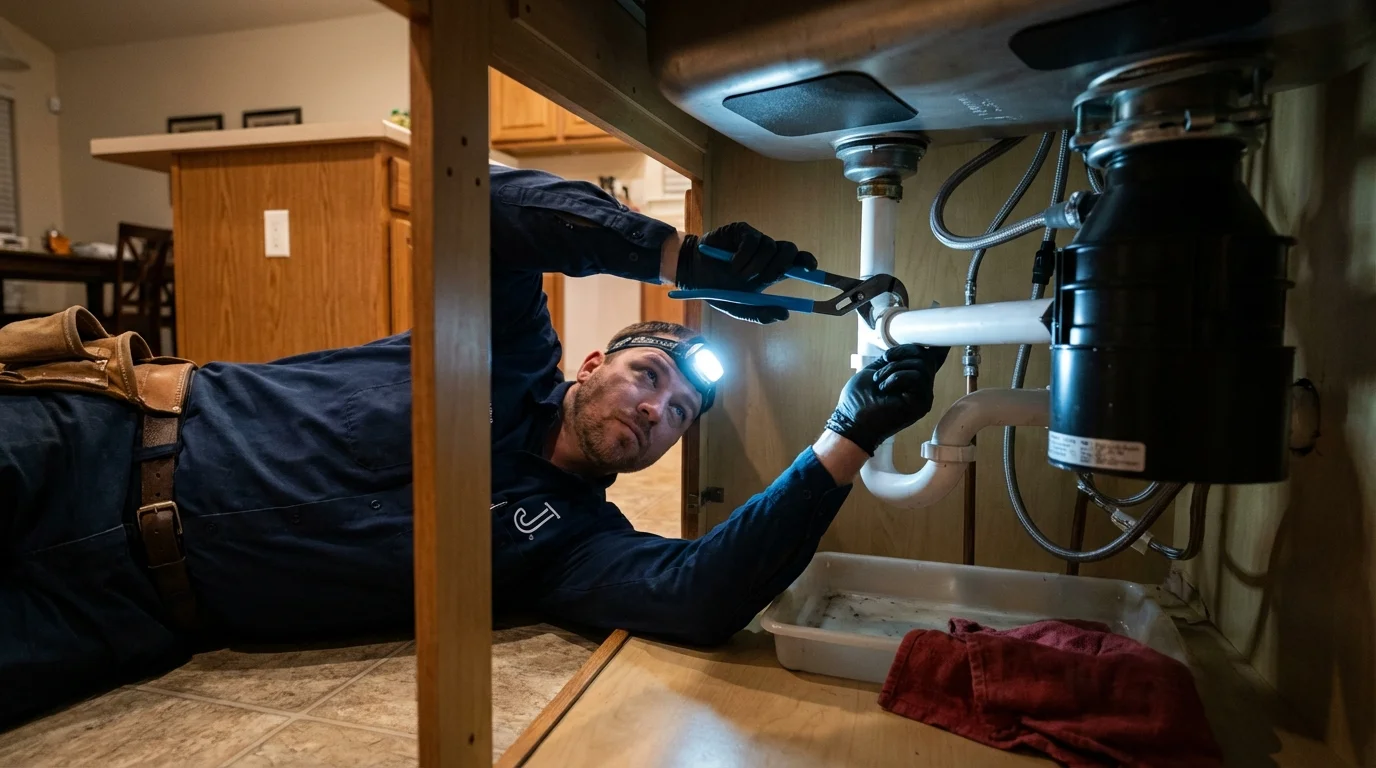 P-trap and supply line connections under a kitchen sink showing a common leak point in Holland, TX